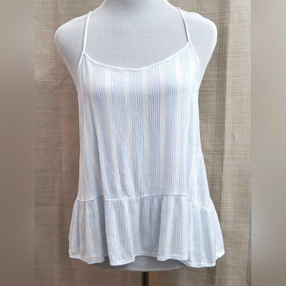 Pink Republic Blue White Ruffle Stripe‎ Ribbed Spaghetti Strap Top Size Large